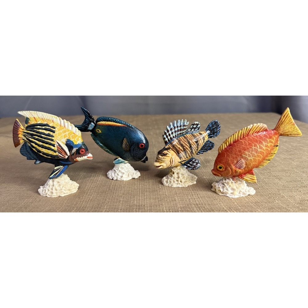Marine Tropical Fish Decor Lot Hand Painted Wooden Decorative Coral base S/4